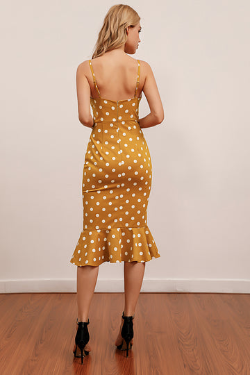 Yellow Mermaid Spaghetti Straps White Polka Dots Dress